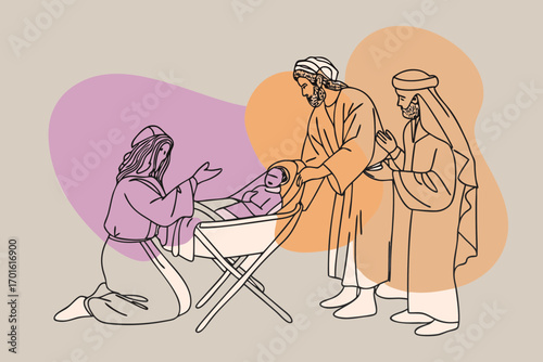 Stylized illustration of the nativity scene featuring mary joseph and the baby jesus in a manger with abstract color blobs