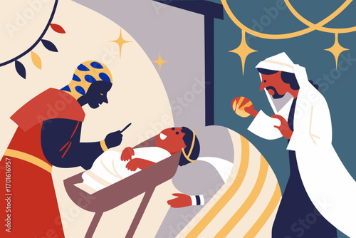 Stylized illustration of the nativity scene with mary and joseph looking at the baby jesus in a manger under starry skies