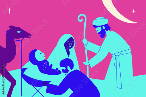 Stylized nativity scene with mary joseph and baby jesus a camel and a shepherd under a crescent moon and stars