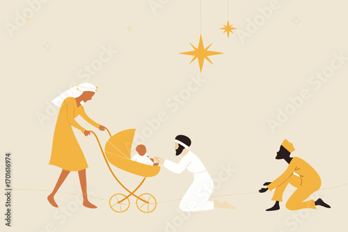 Stylized illustration of the nativity scene with mary pushing a baby in a stroller and the three wise men presenting gifts under a starry sky