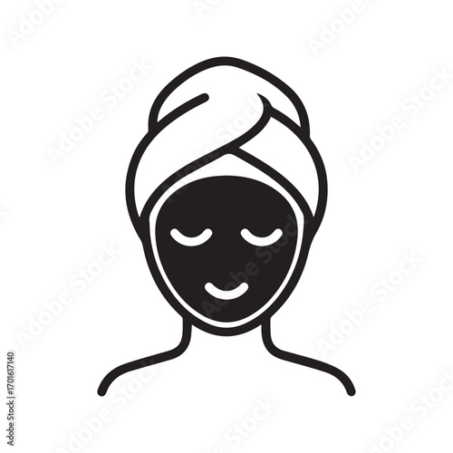 Facial mask icon, woman with towel wrap enjoying spa skincare treatment, beauty vector graphic.
