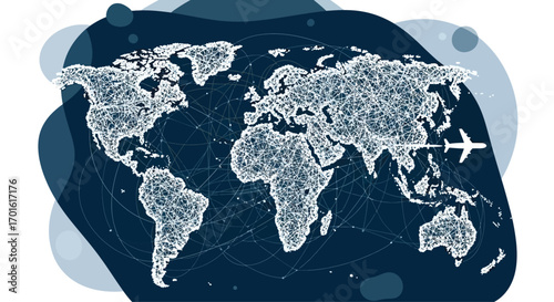 Digital World Map with Airplane Illustrating Global Travel and Connectivity.