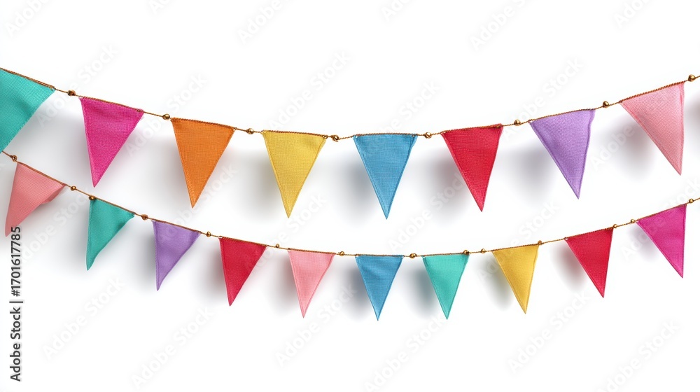 Obraz premium Bright and colorful party flags hang in a festive arrangement, perfect for celebration and joyful gatherings.