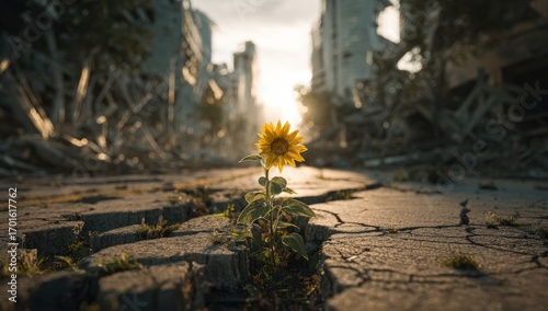 A single sunflower blooms amidst urban rubble