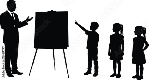 PrintSilhouette vector of teacher explaining lesson on board with children students listening, pointing and learning education concept in classroom background