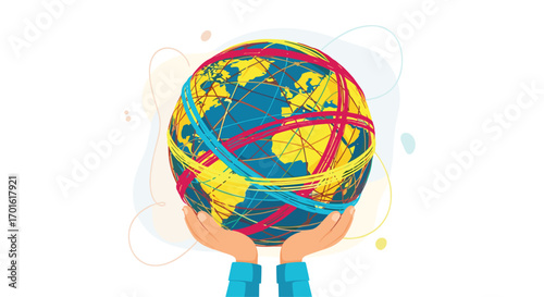 Hands holding a colorful globe with interconnected lines representing global connections.