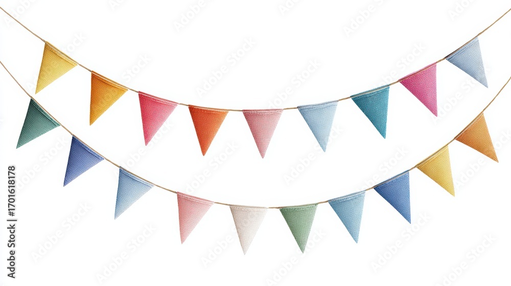 Obraz premium Colorful bunting flags cascading in vibrant shades, perfect for festive events and celebrations, adding charm to any space.
