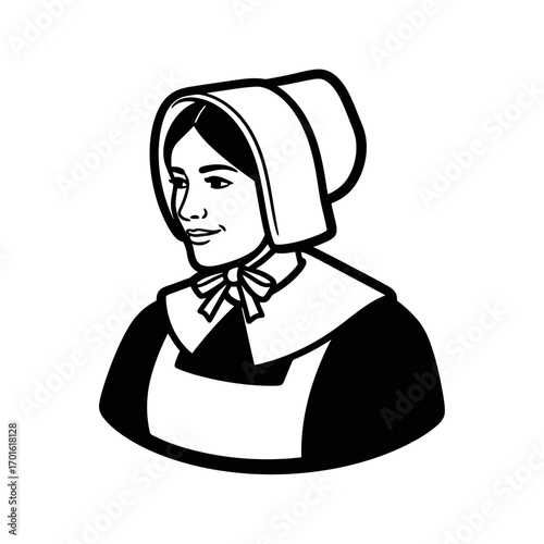 black and white illustration of a pilgrim woman in a traditional bonnet and dress