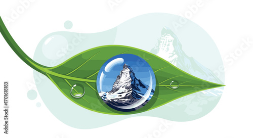 A single water droplet on a green leaf reflecting a snowy mountain peak.