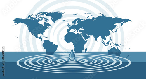 Global Water Crisis Concept with World Map and Ripples.