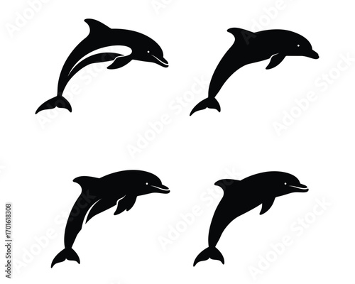 Four silhouette illustrations of dolphins leaping and jumping out of the water in dynamic poses