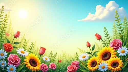 Sunny Meadow with Roses Sunflowers Daisies Bright Colors
