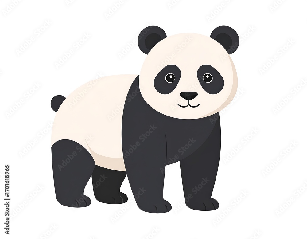Naklejka premium A cute, cartoon panda bear, black and white, stands facing forward, with a friendly expression.