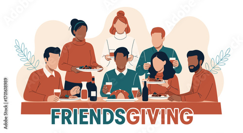 Friendsgiving Celebration Gathering of Diverse People Sharing Food and Drinks.