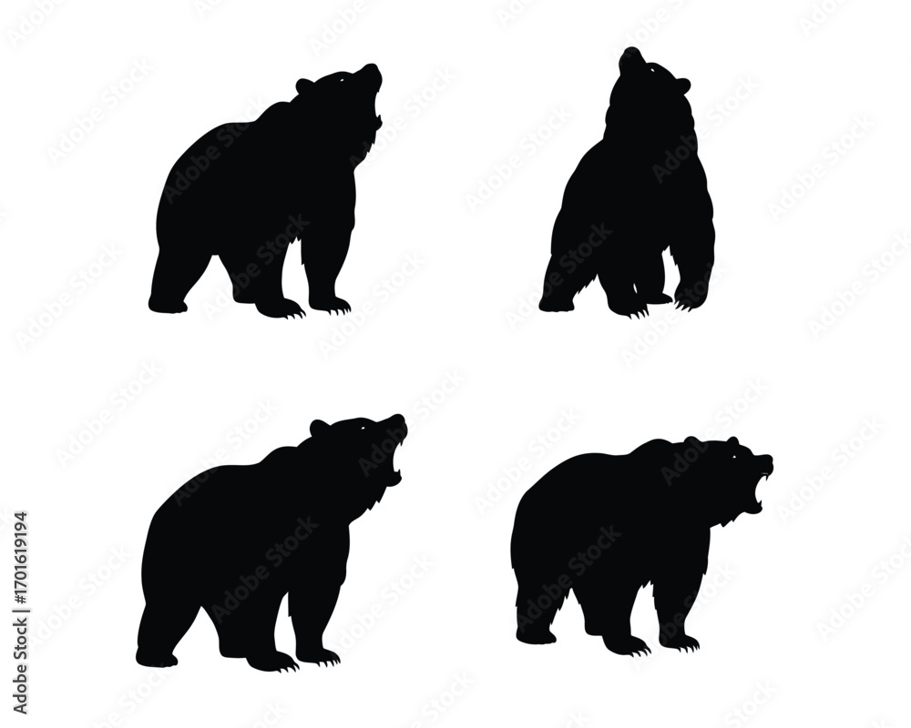 Fototapeta premium Four distinct black silhouette illustrations of grizzly bears in various poses against a clean white background