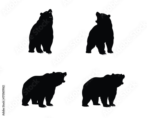 Four distinct black silhouette illustrations of grizzly bears in various standing poses against a clean white background