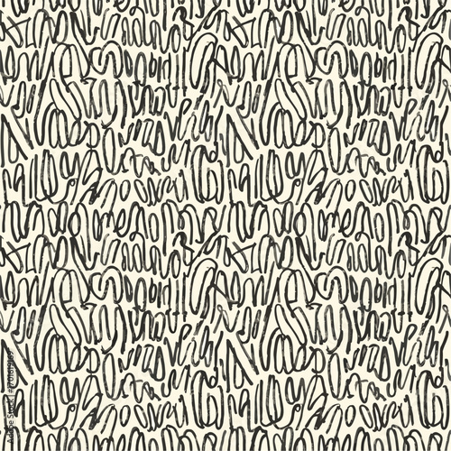 Abstract black and white handwritten text pattern creating a repeating design for various uses, seamless pattern, royalty free stock.