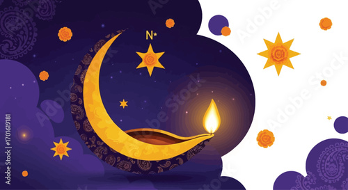 Diwali festival crescent moon oil lamp and stars.