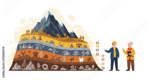 Geological Layers of Earth and Human History Depicted in Mountain Cross-Section.