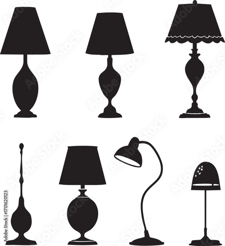 Set of 6 table lamp silhouettes black and white illustration with varied bases and shades for interior and lighting design themes