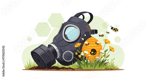 Gas mask and beehive with bees and flowers concept.