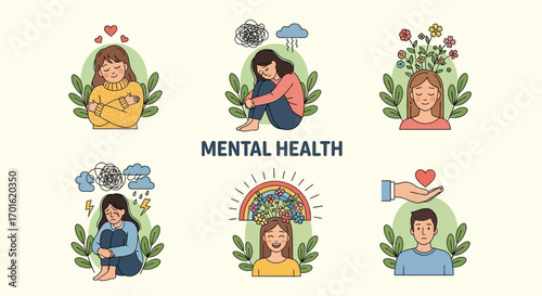 Mental Health Awareness Illustration of Emotional Stages and Healing