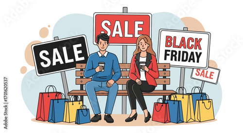 Couple Sitting On Bench Surrounded By Shopping Bags And Sale Signs.