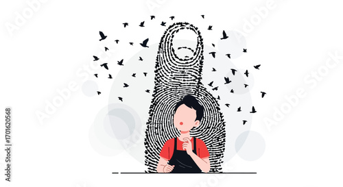 Child contemplating fingerprint shadow with birds flying around the figure.