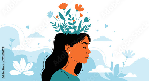 Mental Wellness Self Care and Personal Growth Woman with Flowers Blooming from Head