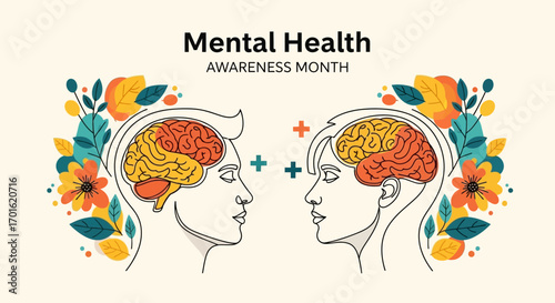 Mental Health Awareness Month Vector Illustration of Two Brains
