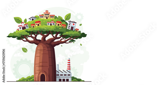 A Giant Baobab Tree with Houses and a Factory Below.