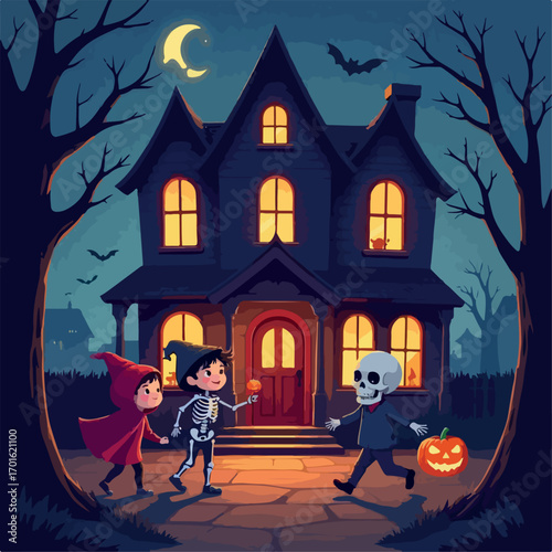 halloween, night, house, moon, castle, bat, silhouette, haunted, holiday, illustration, vector, autumn, tree, horror, cartoon, dark, spooky, scary, pumpkin, hill, bats, mansion, cemetery, party