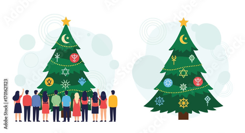 Diverse group of people admiring a decorated Christmas tree with religious symbols.