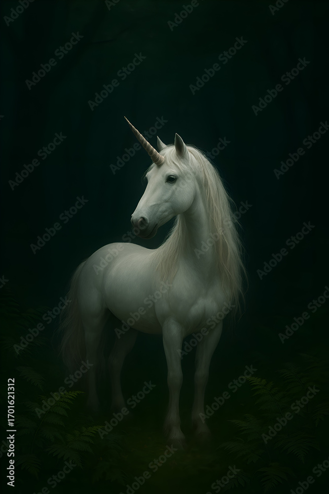 Obraz premium Mystical White Unicorn in Enchanted Dark Forest Among Ferns