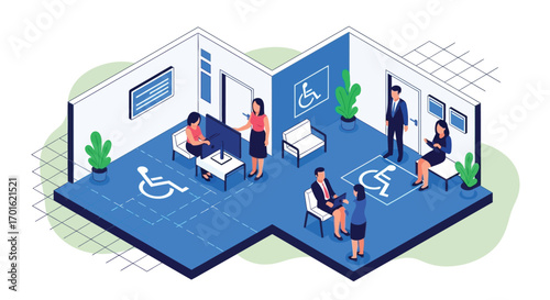 Accessible office waiting area with diverse people and disability symbols.