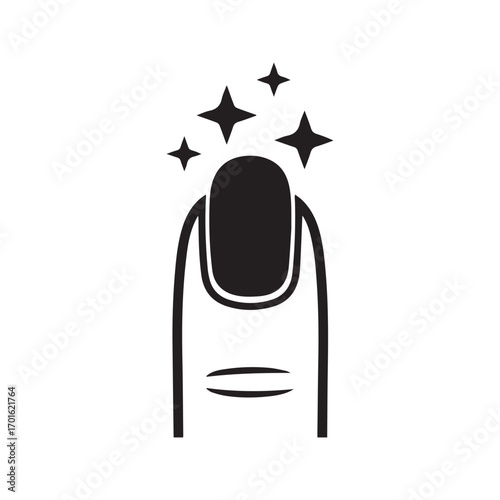 Manicure icon with sparkling polished nail, perfect fingernail glyph symbol for beauty salon.
