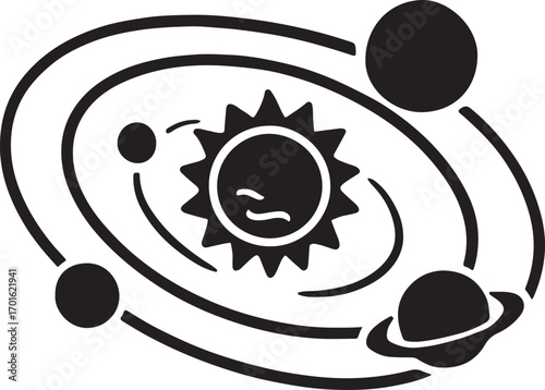 Silhouette vector of the solar system with planets and orbits, ideal for space and astronomy.