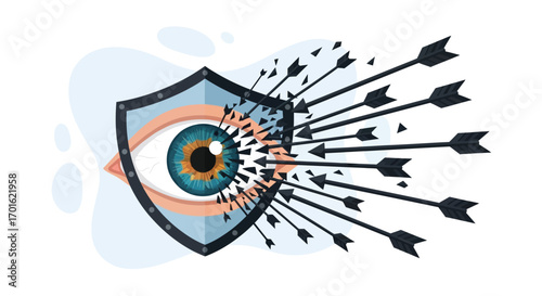 Eye protected by shield deflecting arrows, symbolizing digital security and privacy.