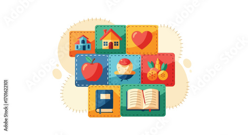 Colorful quilt with various symbolic patches representing life aspects.