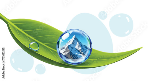 A clear water droplet with a mountain reflection rests on a vibrant green leaf.