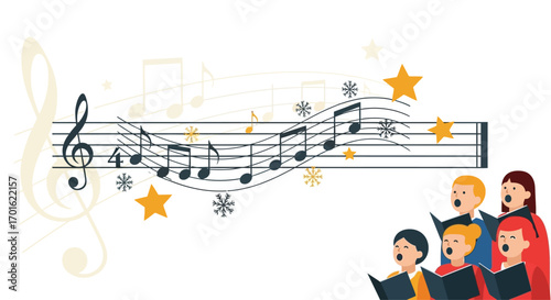 Choir singing with musical notes and festive elements.