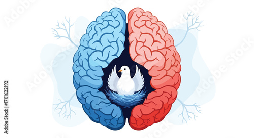 Brain Divided Into Two Halves With Dove Nest In Center.