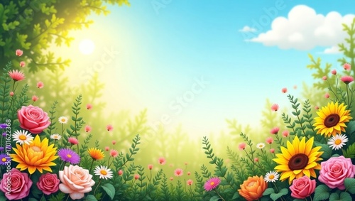 Sunny Summer Garden Bright Flowers Roses Sunflowers