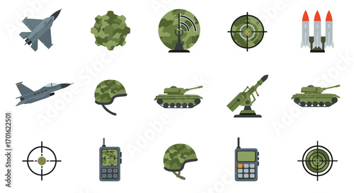 Military equipment icons set: aircrafts, tanks, radar, and helmets in flat design