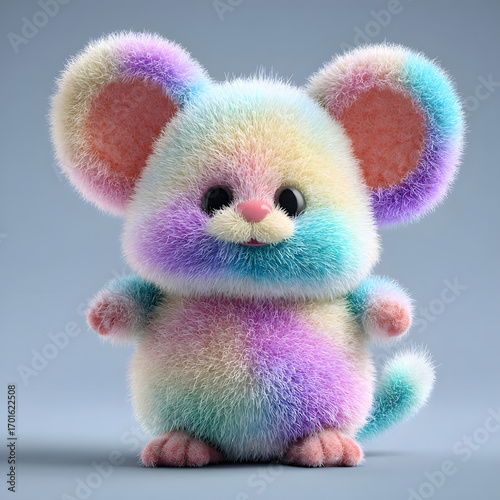 An adorable and fluffy rainbow-colored plush toy mouse with large, colorful ears on a light gray background.