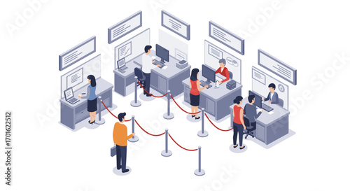 Modern office isometric scene with diverse team and social distancing