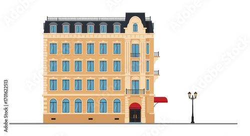 Elegant historical building facade with red awning and street lamp
