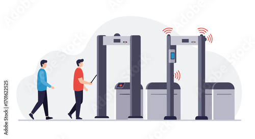 Modern security checkpoint with metal detectors and people passing through