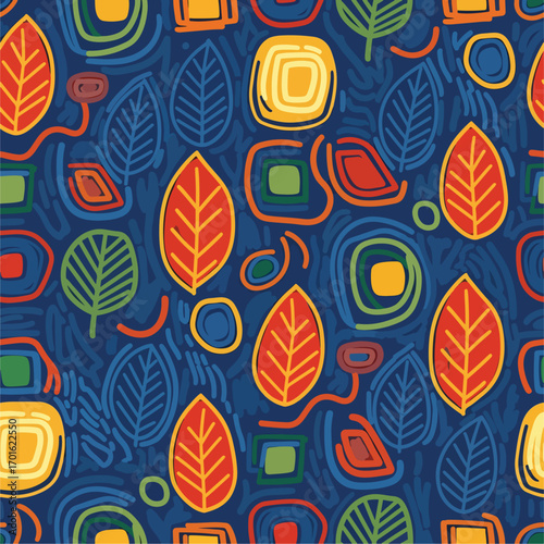 Colorful abstract autumn pattern with leaves and geometric shapes design, patern seamless, Stock royalty free.