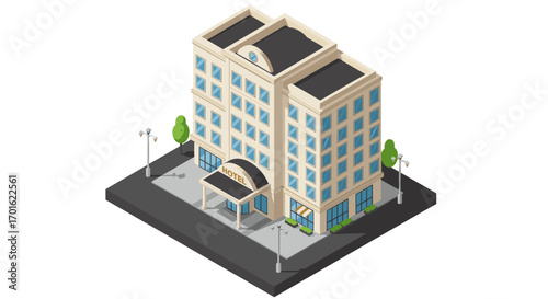 Modern isometric hotel building with four stories and elegant design